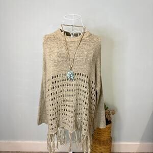 Stunning fairy taupe brown crochet knit fringe sweater long sleeve - vintage y2k